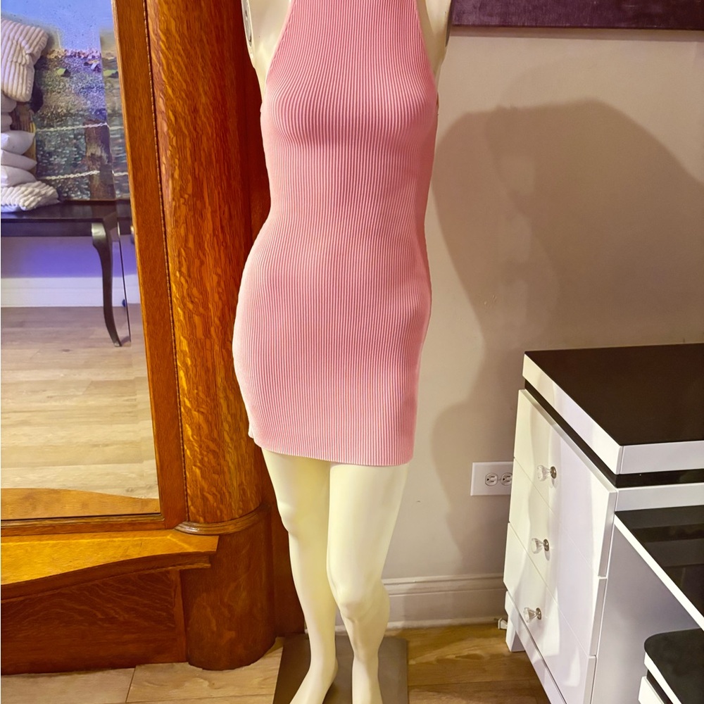 Aritzia Babaton Sculpt Knit High Neck Halter Dress in Pink